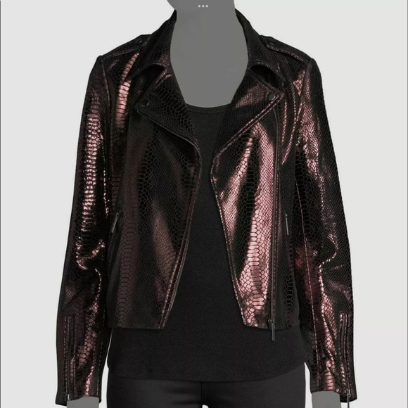 $247 Neiman Marcus Women's Purple Metallic Snake Lamb Leather Moto Jacket - Picture 2 of 5